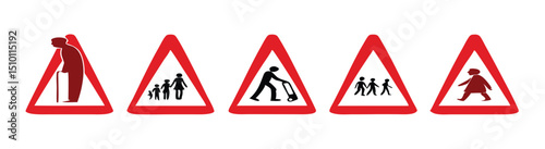 Red triangle warning signs pedestrians elderly children