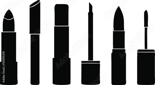 Black silhouettes of various lipstick and lip gloss tubes