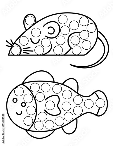 Dot markers pages with animal, vector outline illustration