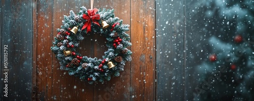 glowing wreath made of silver bells, holly sprigs, and golden ribbons, hanging on a rustic wooden door with falling snow, Generative AI