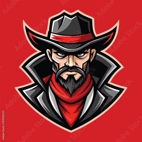 Cool design of a cowboy mascot logo representing a team with a bold and fierce appearance against a vibrant red background