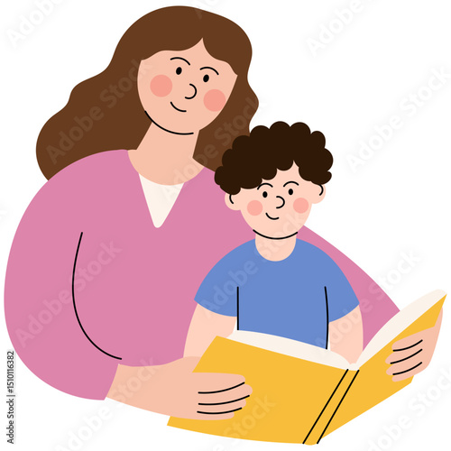 Mother reads a book to her son. Time with family at home. A little boy sitting on his mom’s lap as they read together. llustration of home activities.
