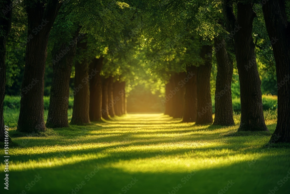 Obraz premium vibrant summer park with blurred trees and glowing green bokeh, ideal for a nature-inspired banner, Generative AI