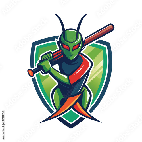 Cricket sports logo vector design featuring an insect character wielding a bat in an action-packed stance within a shield emblem