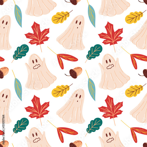 Cute autumn seamless pattern with ghost, leaves and acorn in flat style. Perfect for Halloween seasonal decoration, textile, wrapping paper and spooky fall design for kids.