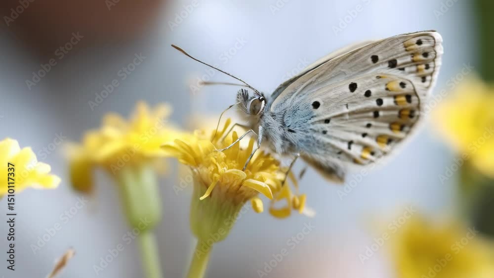 Delicate light blue butterfly perches on bright yellow flower, wings showcasing unique black spots and golden accents in bright daylight. Delicate light blue butterfly perches on bright yellow flower, wings showcasing unique black spots and golden accents in bright daylight.
