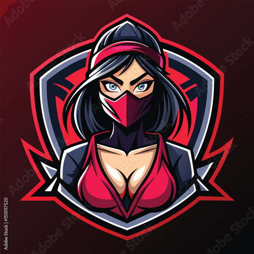 Stylish female ninja mascot logo designed for an electronic sport team featuring bold colors and fierce expression ideal for competitive gaming