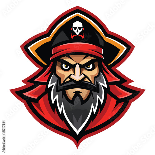 Creative pirate mascot logo design showcasing a fierce character with a distinctive red bandana and an eye-catching skull motif