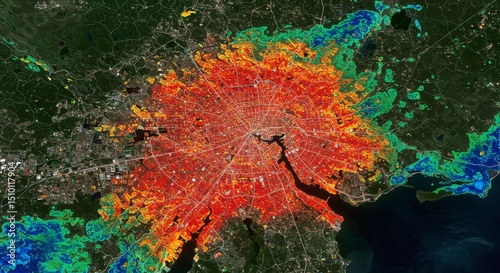Urban Heat Island Effect Visualization - Satellite depicting urban heat island effect, showing temperature variations across a city and surrounding areas