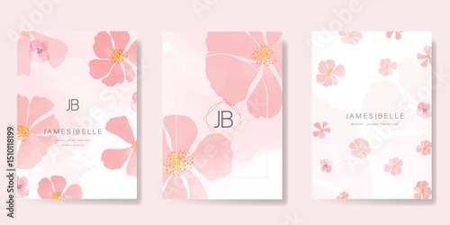 Elegant wedding invitation card background vector. Minimal hand painted watercolor botanical flowers texture template background. Design illustration for wedding, vip cover, poster, rsvp modern card.