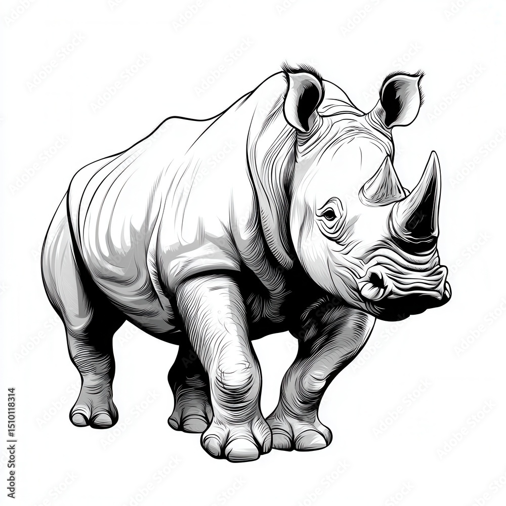 Fototapeta premium Detailed Monochrome Rhinoceros Illustration