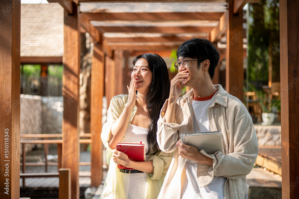Fototapeta premium Smiling asian woman and a male friend standing with a hand covered mouth in garden wooden corridor.