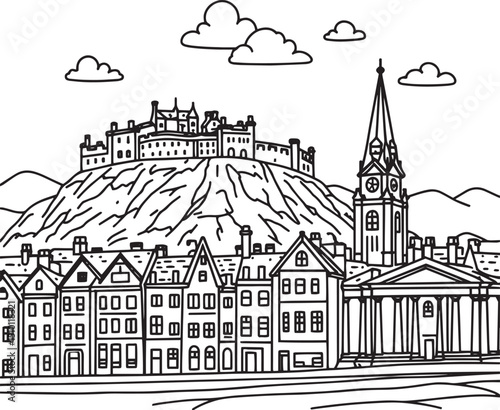 Edinburgh Castle on Castle Rock, Scott Monument, Balmoral Hotel clock tower, and the historic Royal Mile buildings.
