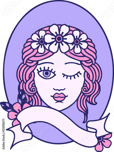 traditional tattoo with banner of a maiden with crown of flowers winking