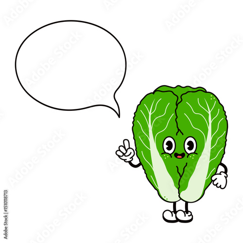 Happy cartoon Napa Cabbage character pointing and speaking with empty speech bubble, ideal for healthy food and vegan concepts