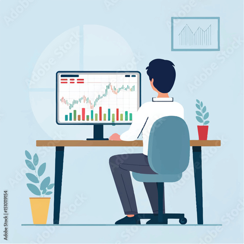 Investor Studying Dynamic Candlestick Charts and Market Fluctuations on a Desktop Screen with Abstract Finance-Related Symbols