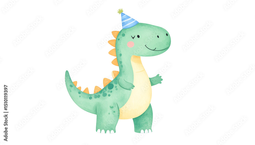Fototapeta premium Adorable plush dinosaur character cute birthday celebration studio environment playful viewpoint isolated on solid white background in Png