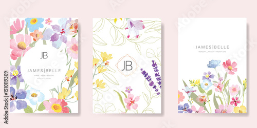 Elegant wedding invitation card background vector. Minimal hand painted watercolor botanical flowers texture template background. Design illustration for wedding, vip cover, poster, rsvp modern card.