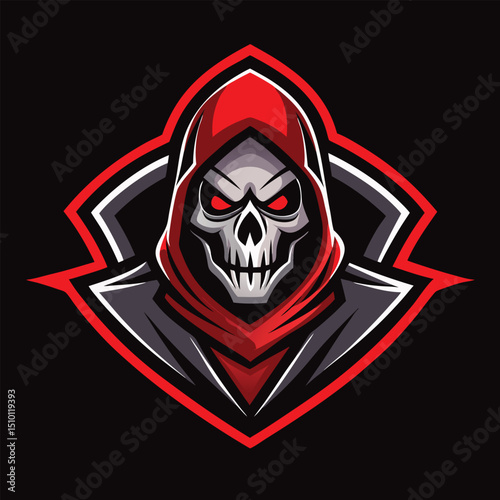 Unique shooter grim reaper hood mascot logo design for esports teams with striking features and bold colors