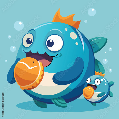 Colorful bubble fish character logo illustration featuring happy fish enjoying a shell in a whimsical underwater world