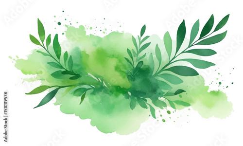 Watercolor green background with olive branch and leaves. Vector illustration.