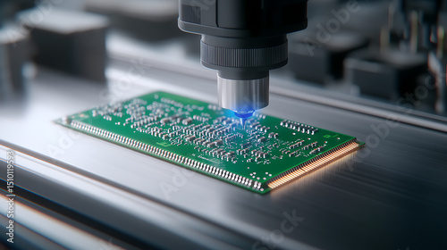 Precision automated electronic circuit board inspection. Manufacturing quality control. Hi-tech components being tested in the modern factory.