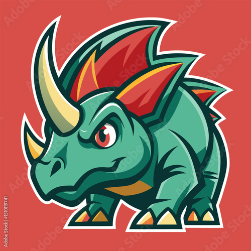 Unique triceratops logo design featuring bold colors and fierce expression for branding or merchandise