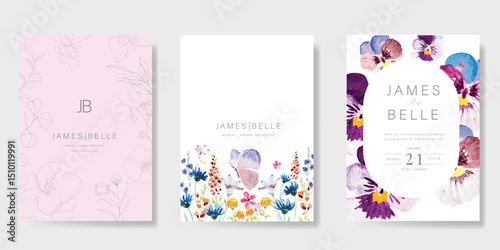 Elegant wedding invitation card background vector. Minimal hand painted watercolor botanical flowers texture template background. Design illustration for wedding, vip cover, poster, rsvp modern card.
