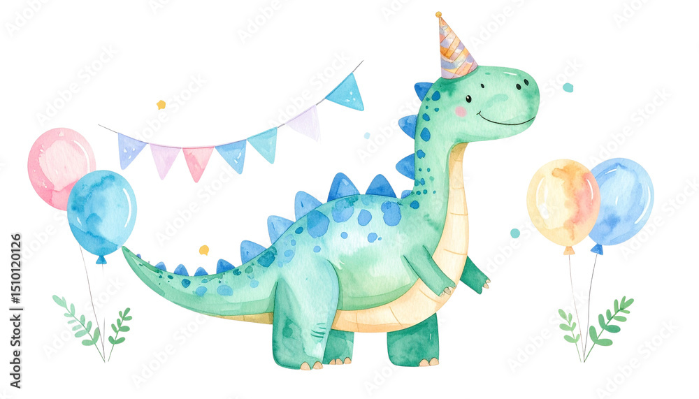 Obraz premium Adorable plush dinosaur character cute birthday celebration studio environment playful viewpoint isolated on solid white background 