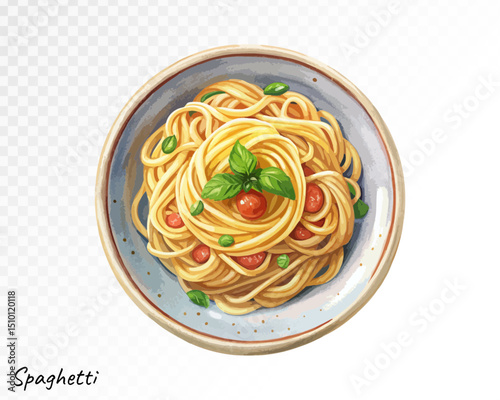 Spaghetti pasta with tomato sauce painted in vibrant watercolor tones, showcasing classic Italian flavor and kitchen atmosphere. Vector illustration