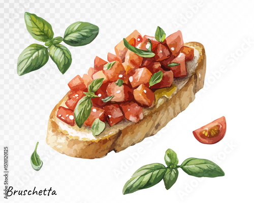 Watercolor bruschetta with fresh tomatoes, basil, and olive oil on crispy bread slice, evoking Mediterranean flavors and rustic charm. Vector illustration