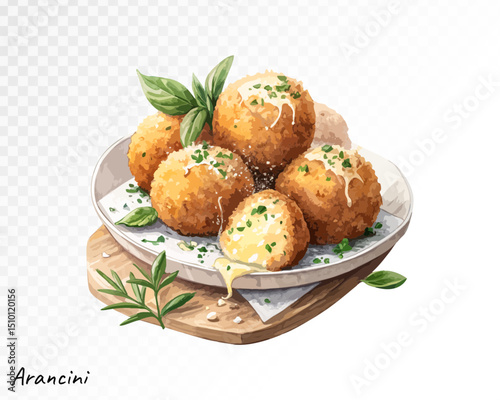 Traditional Italian arancini rice balls, hand-painted in watercolor style with vibrant textures and authentic gourmet appearance. Vector illustration