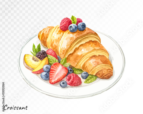 Croissant with fruit filling drawn in watercolor style, featuring soft colors, gourmet textures, and elegant breakfast composition. Vector illustration