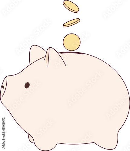 Illustration of a piggy bank and golden coin. Business, finance, investment, saving and corruption concept.