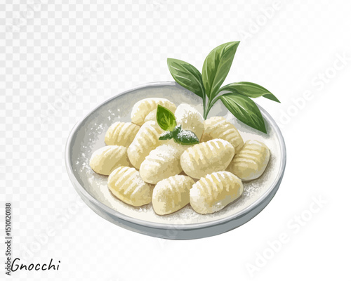 Gnocchi with fresh basil leaves in artistic watercolor style, depicting homemade Italian comfort food with natural texture. Vector illustration