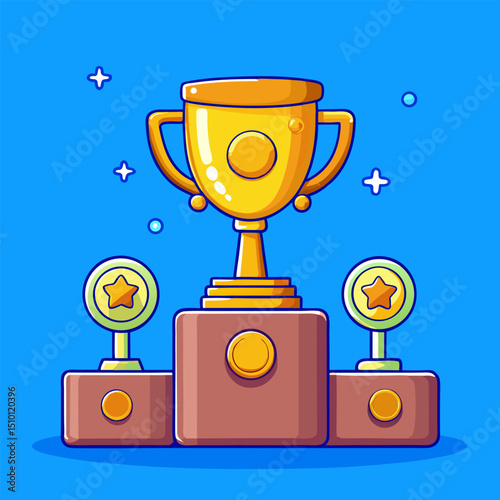 Champion Cup on Podium – Vector Illustration of Winning Trophy and Award