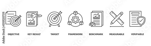 OKR banner web icon vector illustration concept for objectives and key results with icon of objective, key results, target, framework, benchmark, measurable, and verifiable