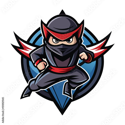 Ninja logo template featuring an illustration of a jumping ninja character with dynamic design elements suitable for branding and identity purposes
