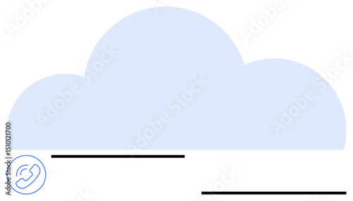 Blue cloud in a flat design style above a phone call icon and abstract horizontal lines. Ideal for cloud services, telecom, VoIP, connectivity, remote work, networking, and digital transformation