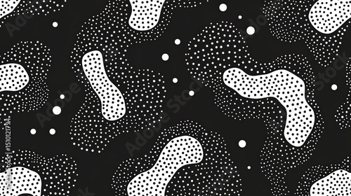 Abstract seamless pattern with amorphous shapes and scattered polka dots design