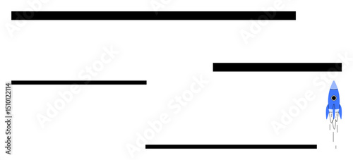 Blue rocket launching with white trail alongside horizontal black lines evoking progress, speed. Ideal for innovation, startup growth, success, exploration, technology, launch, simple landing page