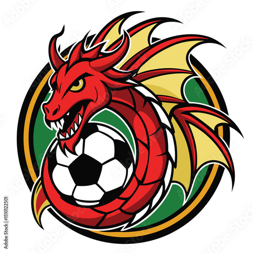Dragon encircles soccer ball in dynamic logo design for sports team, emphasizing energy and passion for the game