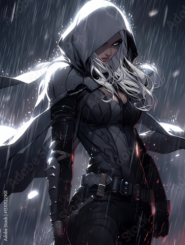 Mysterious woman in black leather and silver armor standing in a stormy environment, anime illustration.