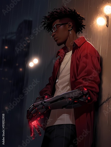 Young adult anime male, robotic prosthetic arm, red jacket, jewelry, rainy rooftop.