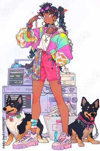 Anime illustration of confident young woman with two dogs in workspace, everyday life.
