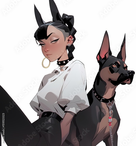 Anime character with dog ears sitting next to Doberman dog, white background.