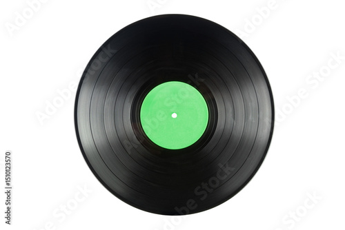 Vinyl record with green label, isolated on transparent background. PNG Image.