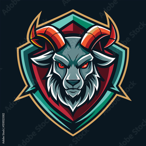 Goat esport mascot logo design featuring a fierce goat head with vibrant colors and a protectively styled shield for gaming teams or brands