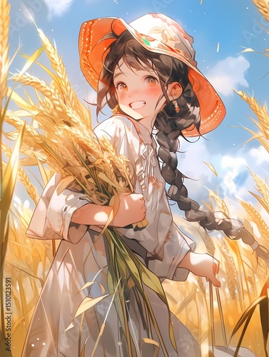 Young girl in wheat field illustration