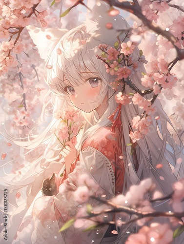 Contemplative anime girl, white hair, fox ears, red kimono, cherry blossoms, serene expression.